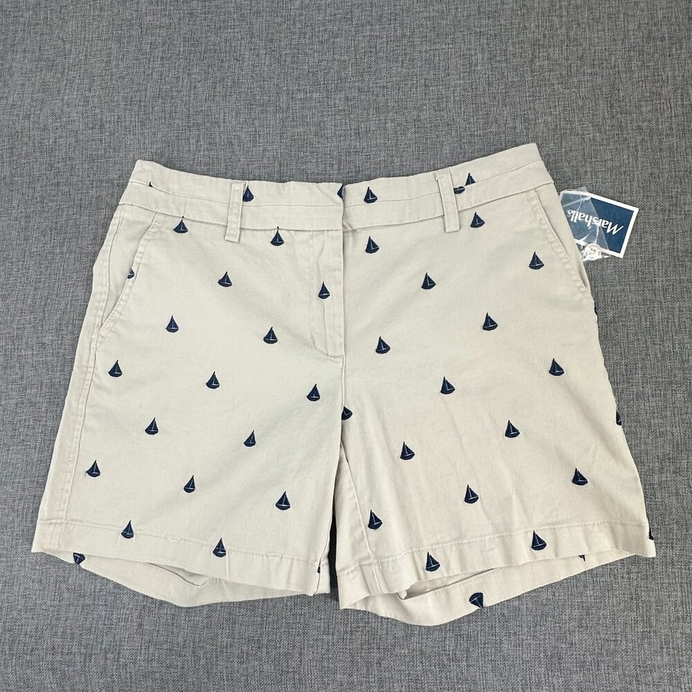 NEW! British Khaki Womens Shorts Size 4 Navy Blue Sailboat Pattern Cotton Blend‎